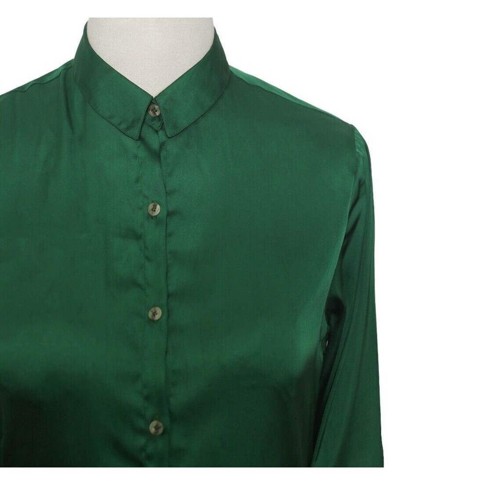 Womens Silk Shirt Button Up Green Lightweight Dress Casual Summer Top Medium - Picture 4 of 7